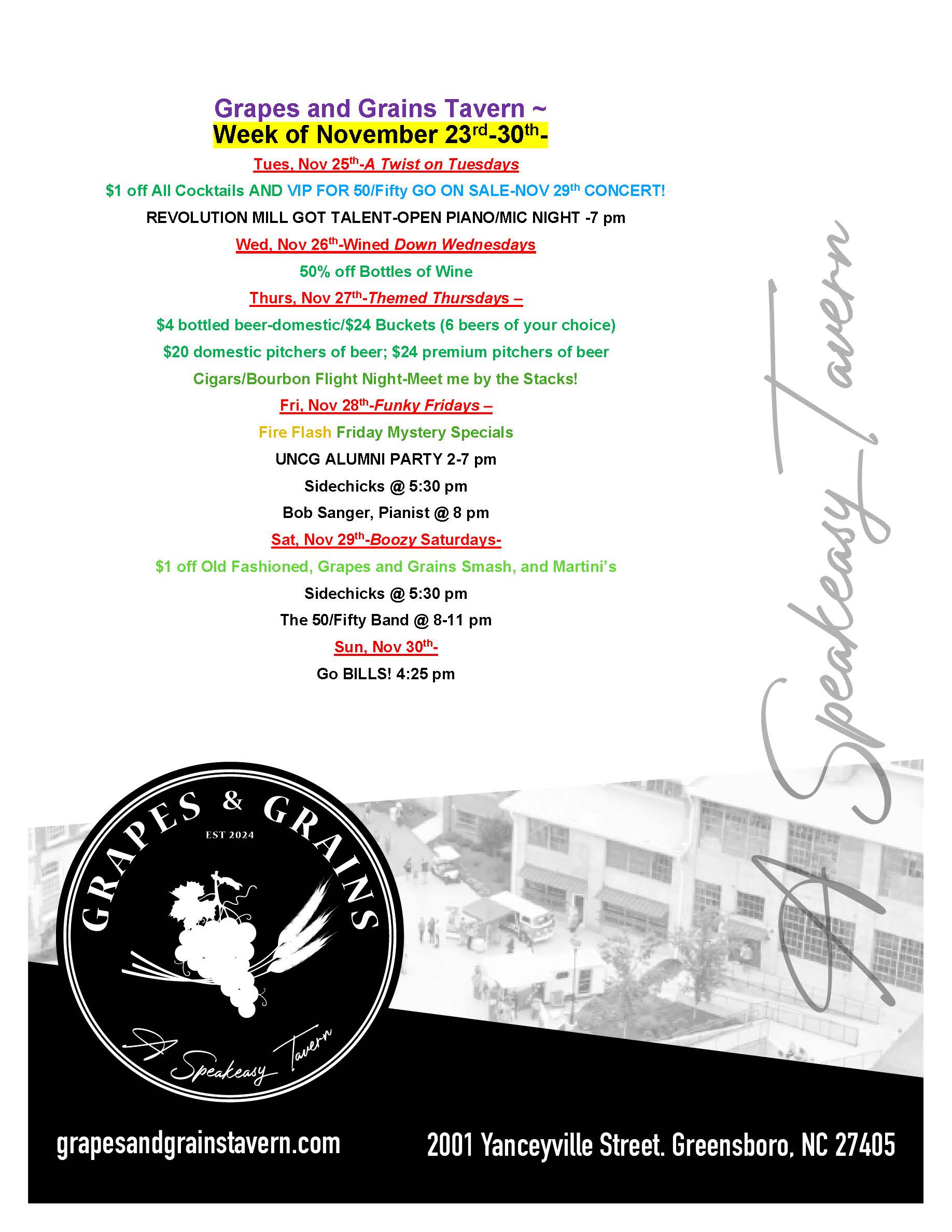 Grapes and Grain Tavern Events - Week of Nov. 23